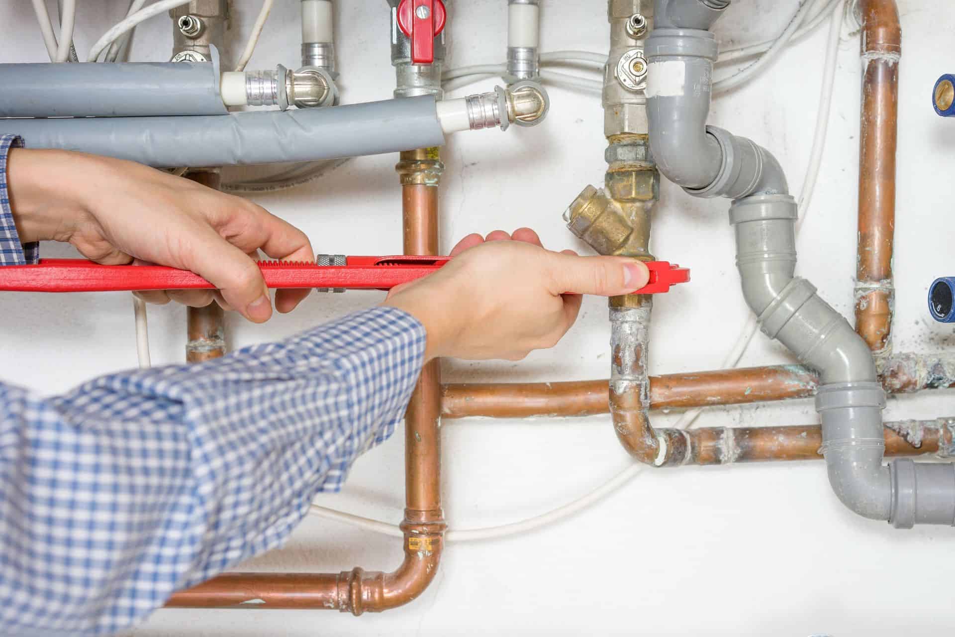 Technician inspecting plumbing and fire protection pipes in a building.
