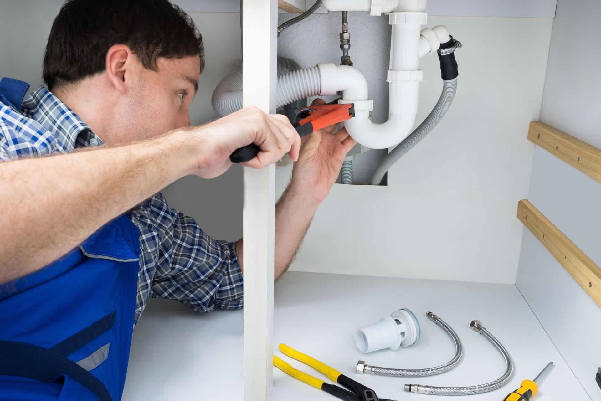 Plumber inspecting under sink for plumbing and fire protection systems.