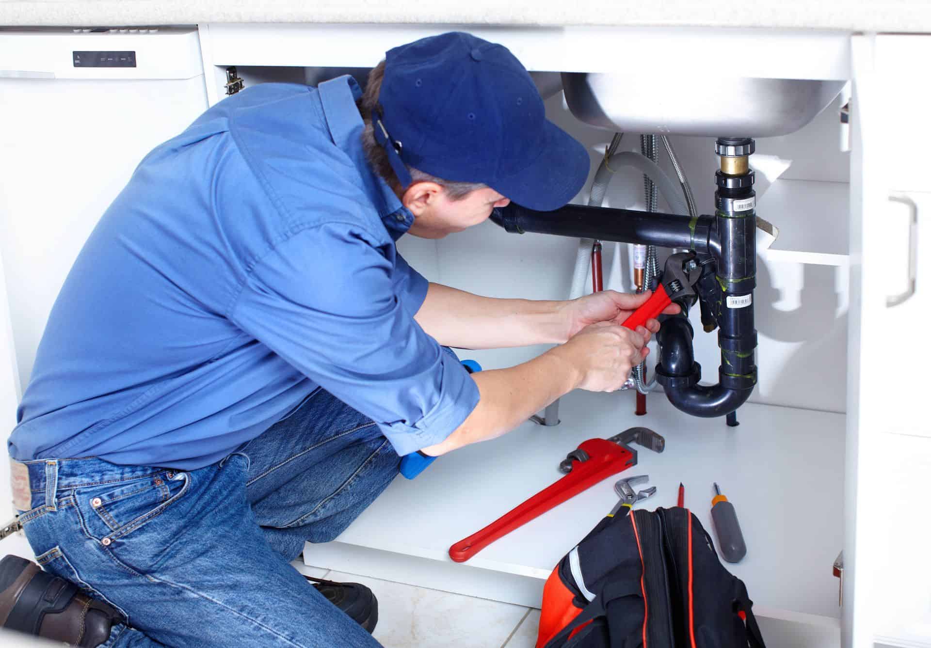 Plumber inspecting under sink for plumbing and fire protection systems.
