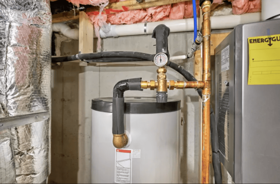 Plumbing and fire protection pipes around water heater in utility room.