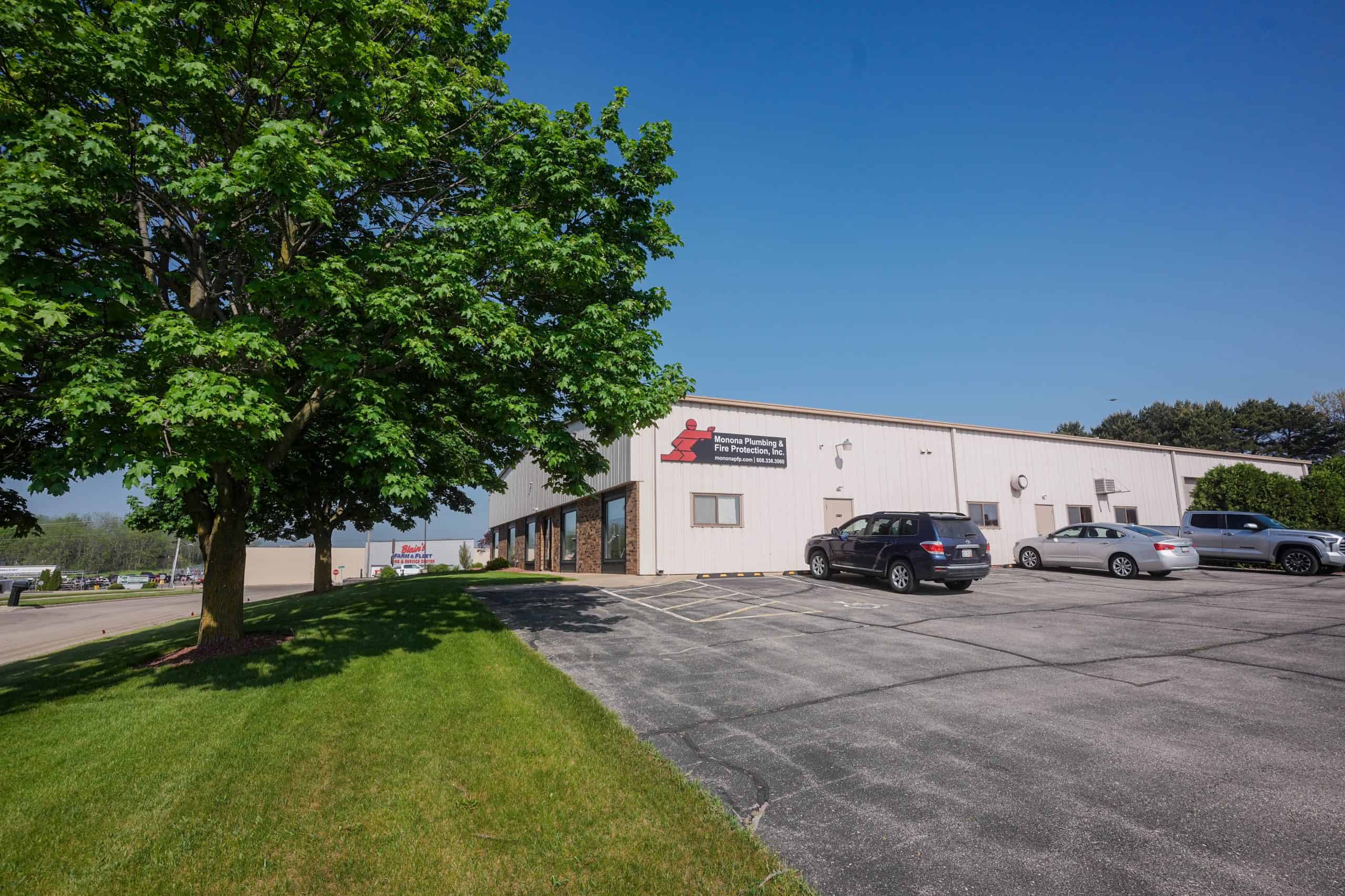 Commercial building for plumbing and fire protection services in Monona, Wisconsin.