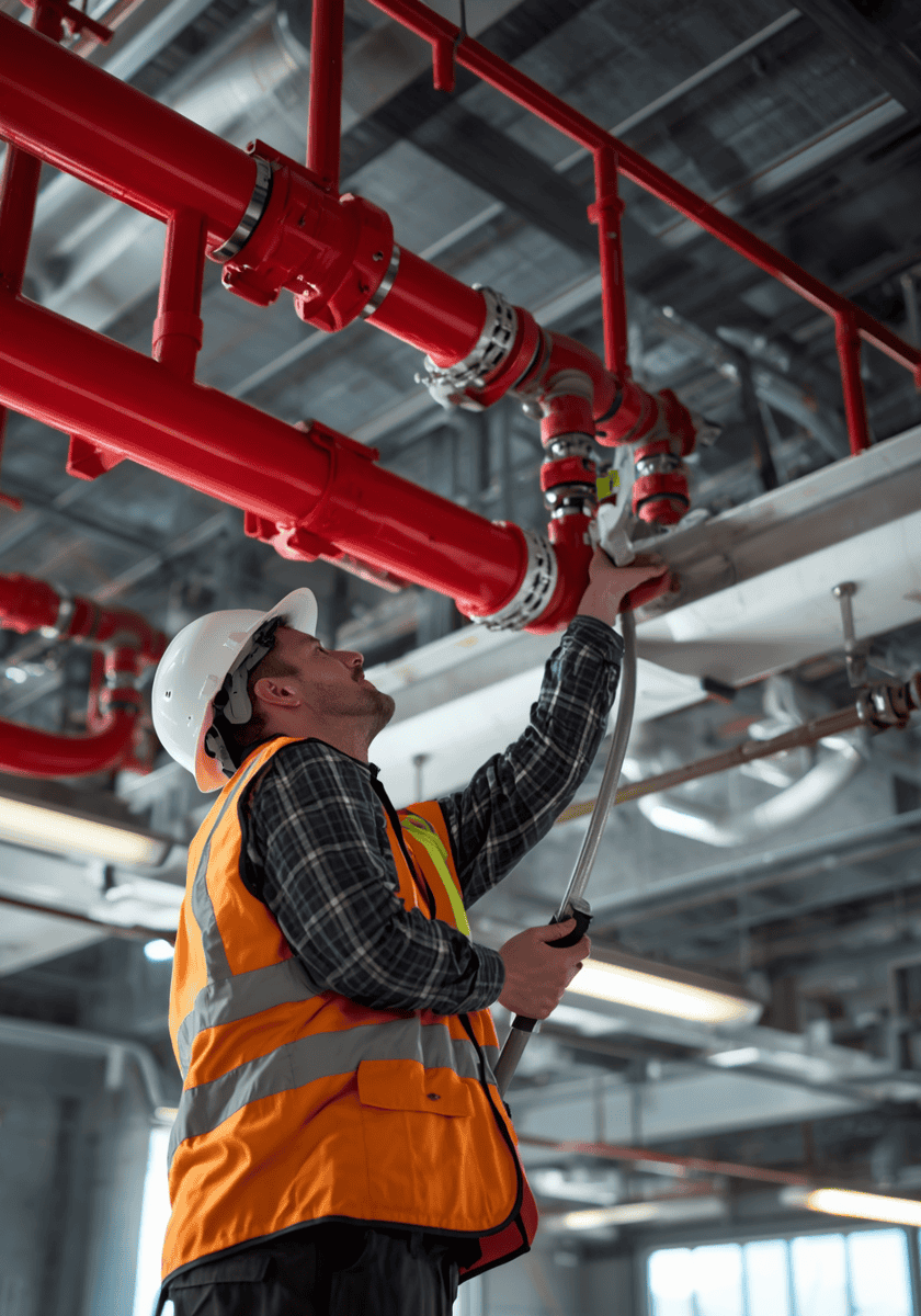 Plumber inspecting fire protection pipes in commercial building.