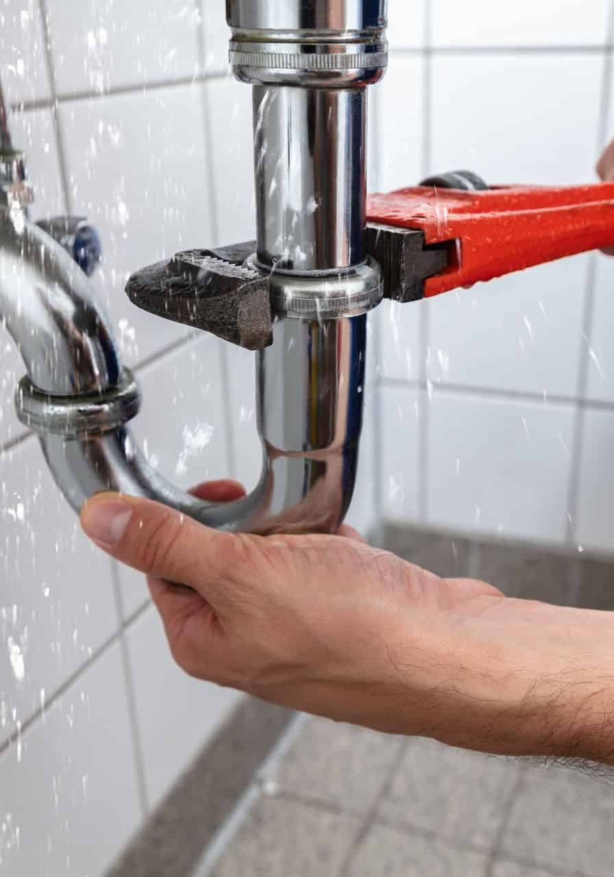 Technician repairing plumbing pipe with a wrench in a commercial building.