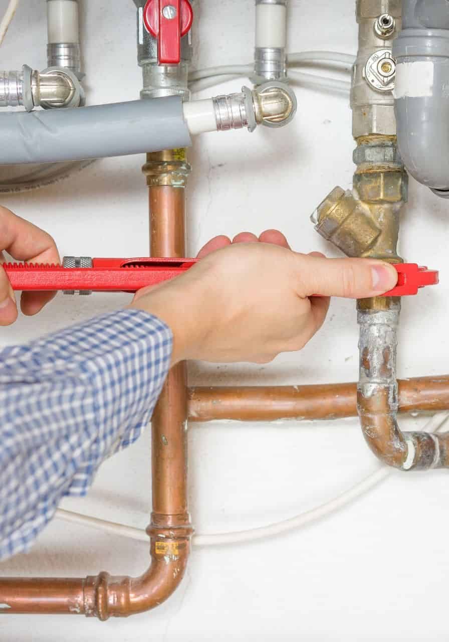 Technician inspecting plumbing and fire protection pipes in a building.