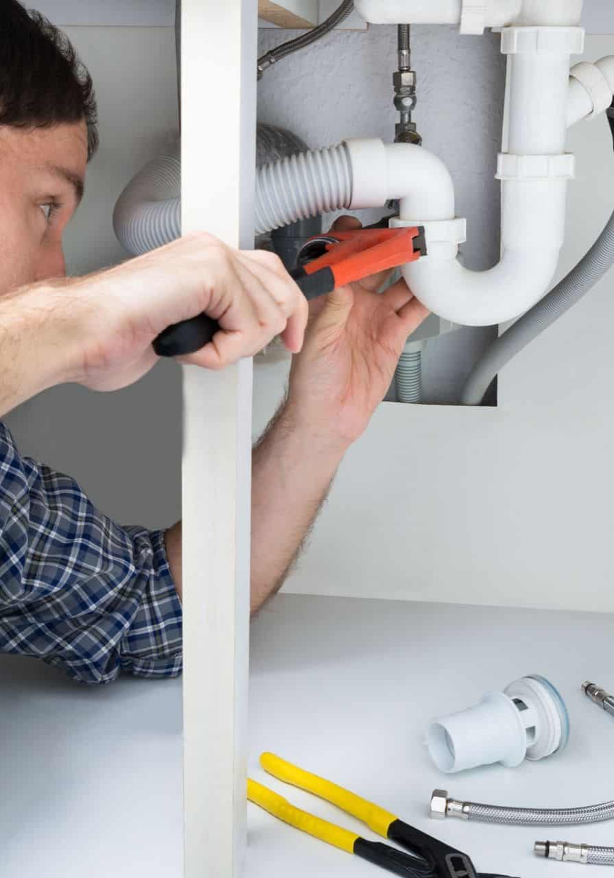 Plumber inspecting under sink for plumbing and fire protection systems.