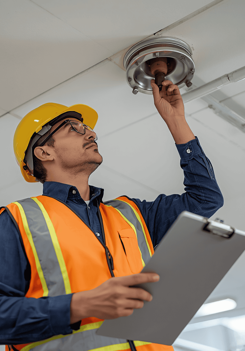 Technician inspecting fire sprinkler system in commercial building.