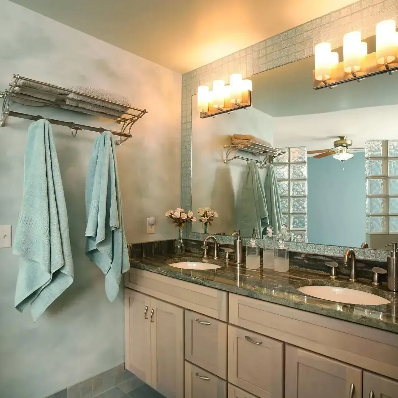 Plumbing and fire protection systems in a modern bathroom setting.